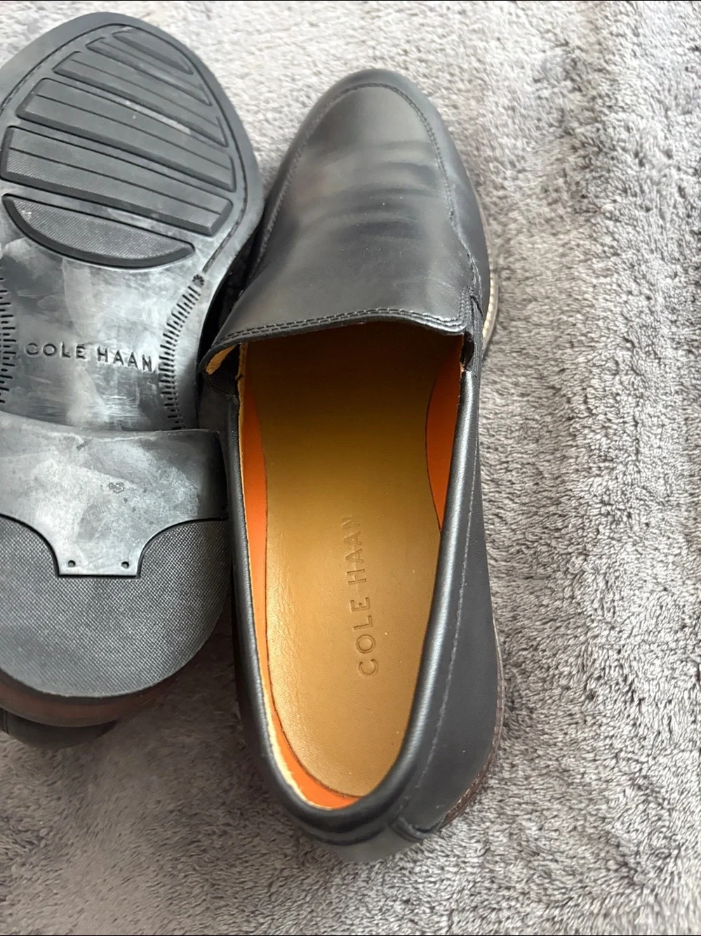 Cole Haan Black Leather Slip-On Loafers with Orange Insole Trim